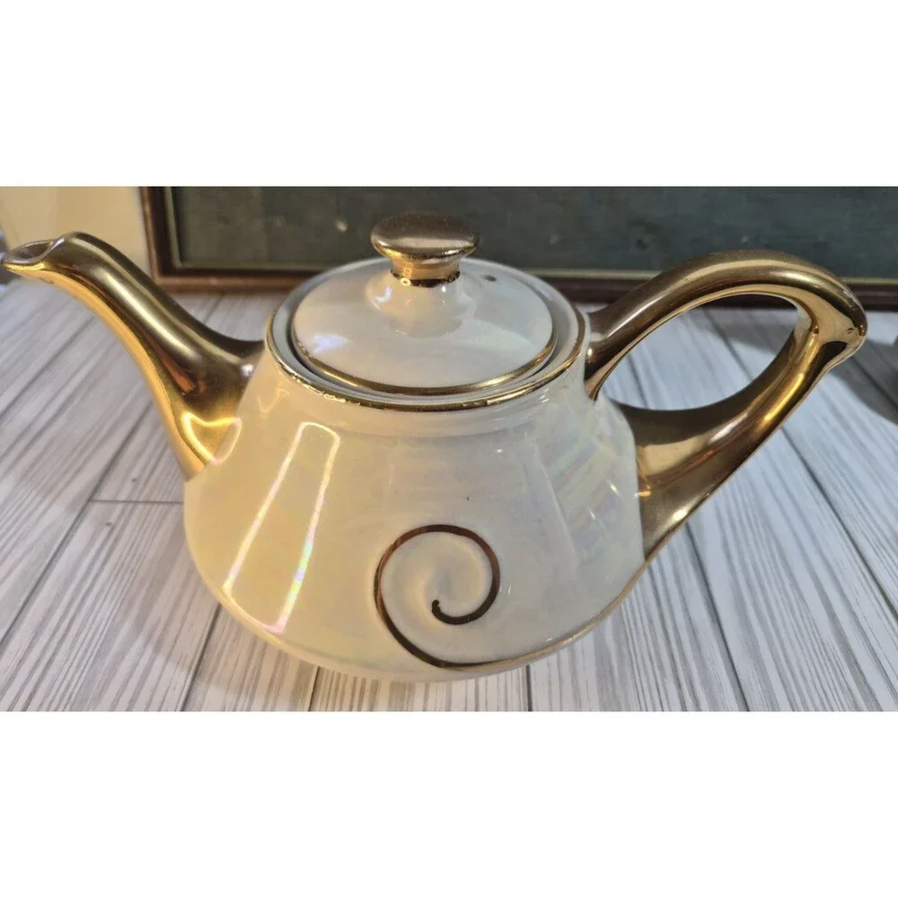 Vintage White & Gold Ceramic Porcelain Tea Set Teapot Creamer Sugar Bowl 3 Pc